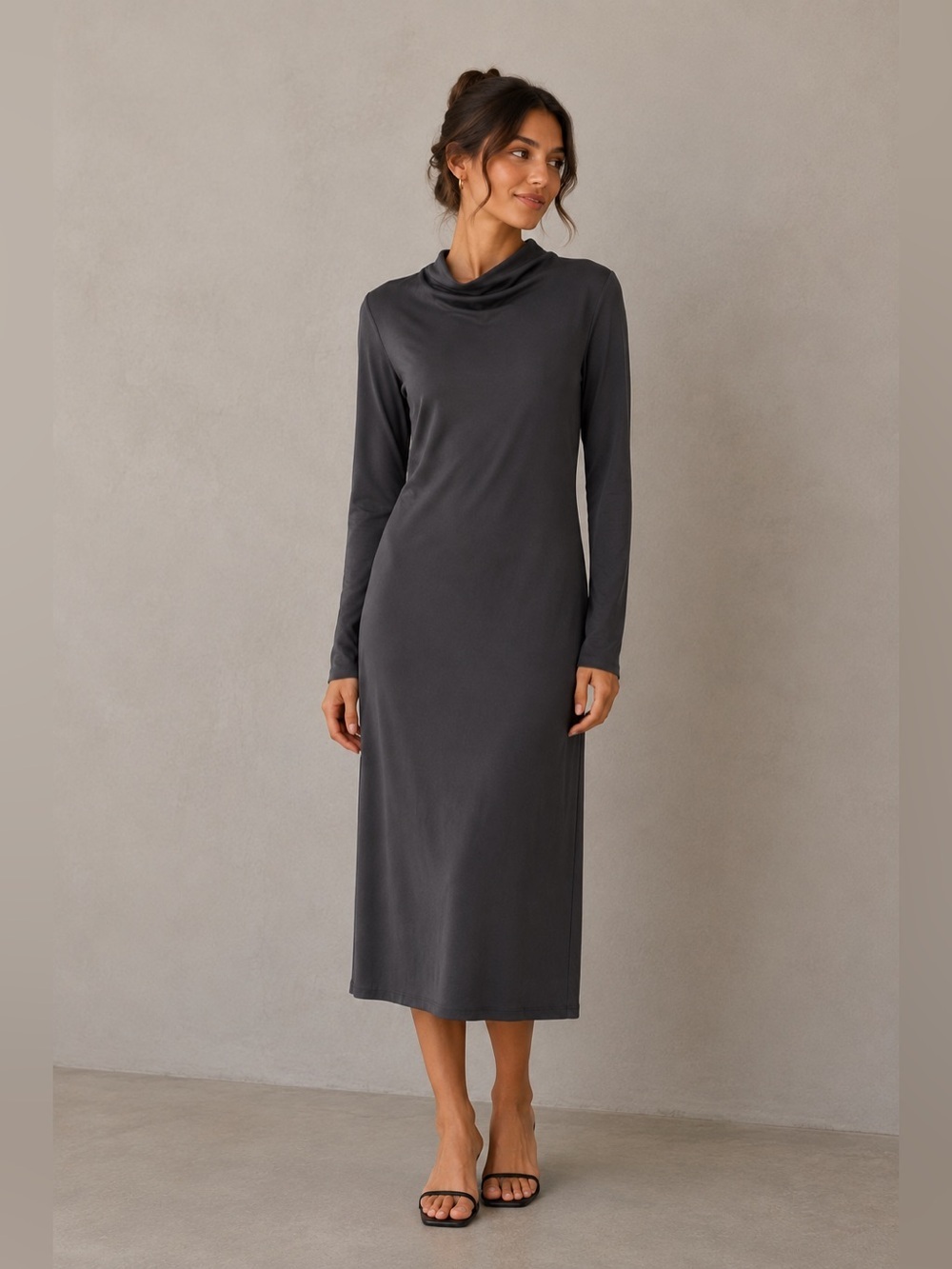 Massimo Dutti Dress Maxi GRAY Draped Neck Long Sleeve Quiet Luxury Size Small